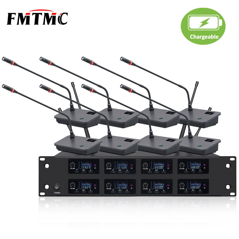 ACT-8000 Professional UHF Microphone Audio Digital Chargeable Wireless Conference System with 8 Handheld Desktop Speakers