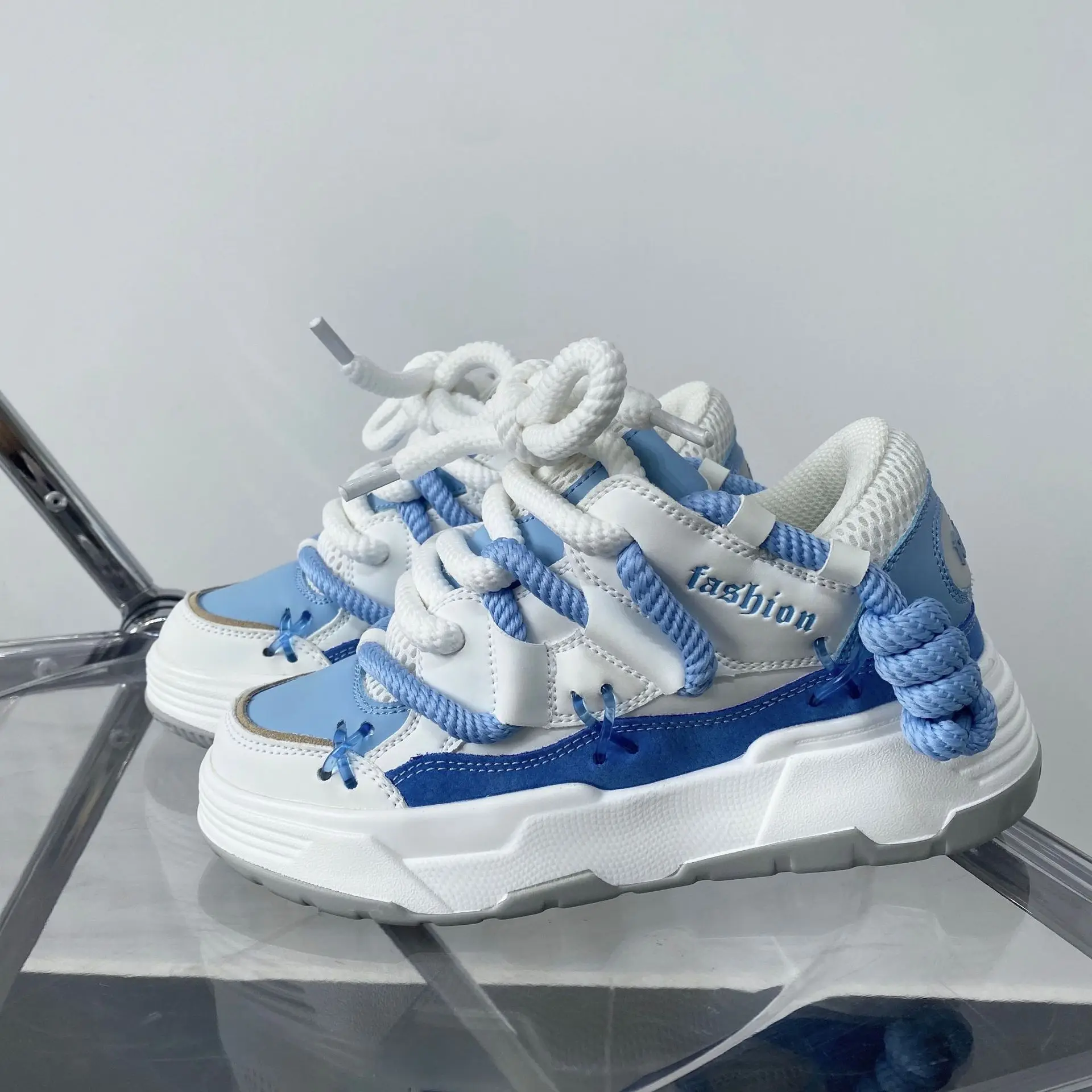 BUSY GIRL BY450 flats blue grey leather casual shoes women size 12 fashion light lace up custom sneakers women running shoes