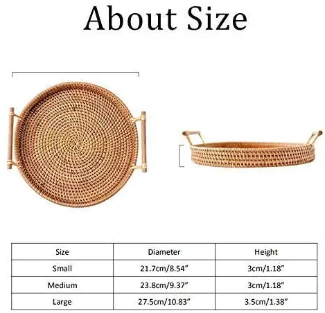Round Rattan Bread Tray Rattan Serving Tray with Handle for Bread Fruit Food Breakfast