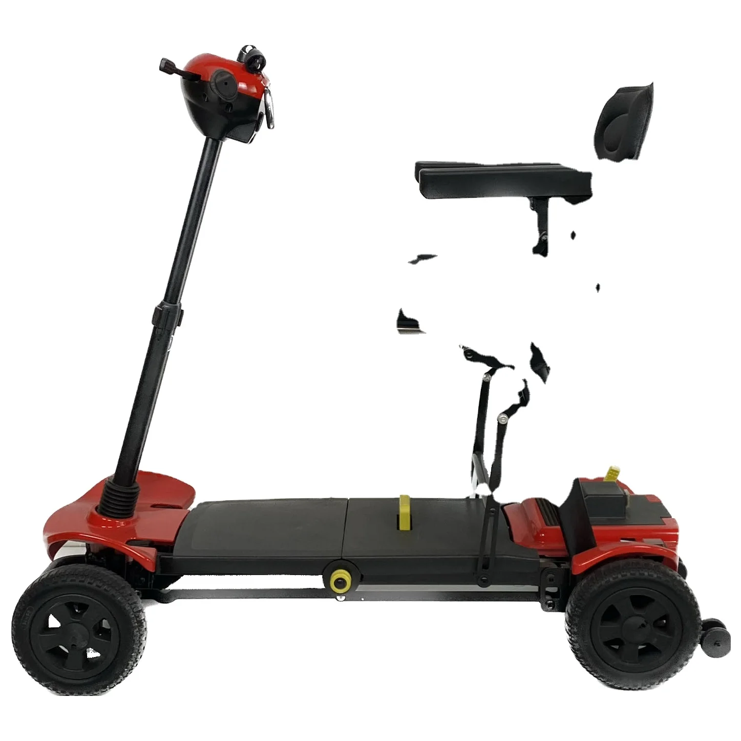 Self-folding electric four-wheel mobility scooter