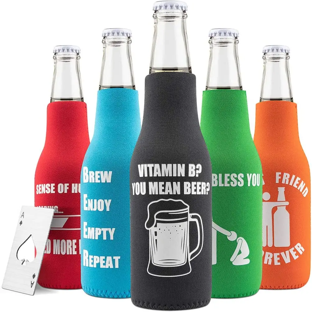Neoprene Insulated Beer Bottle Jacket with Flat Anti-Slip Bottom, Zipper Ring Sleeve, holds