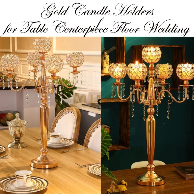 Tall Floor Candle Holders Chandelier Stand Gold 5 Arm Candelabras Centerpieces with Crystal Beaded for Table