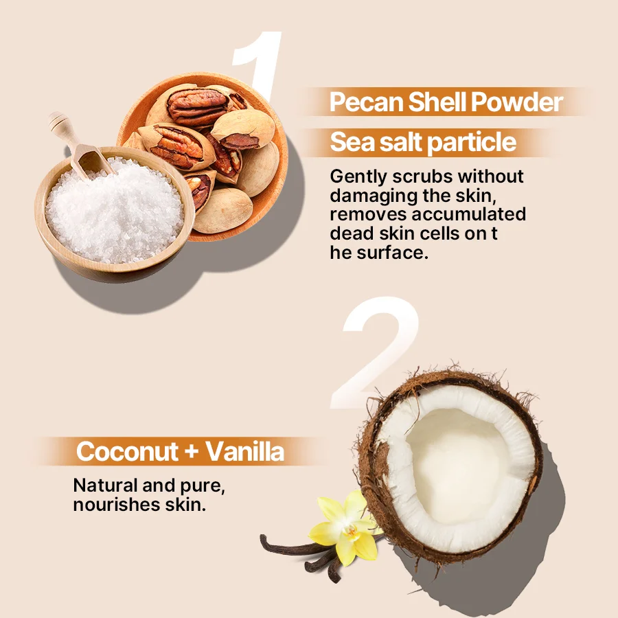 200g Organic Coconut Vanilla Exfoliating Whitening Gommages Corporels Sea Salt Face Body Scrub With Shea Butter Ingredients