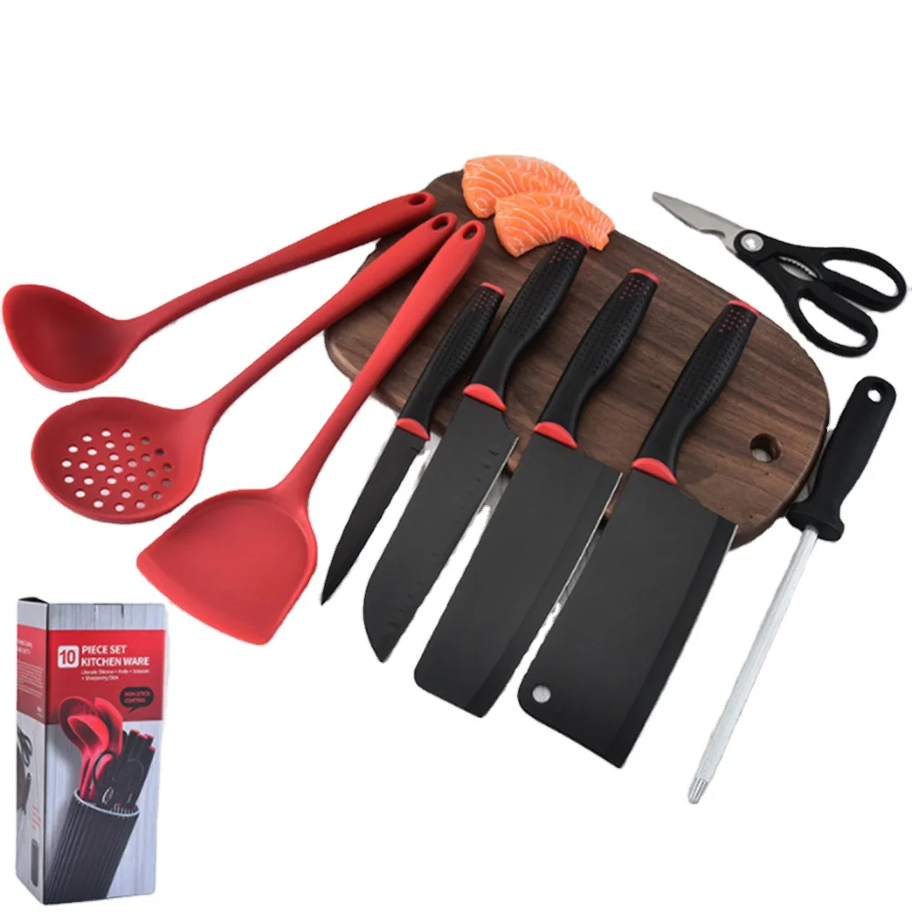 High-quality 10-piece set of knives and Silicone kitchen utensils with gift box kitchen set tools