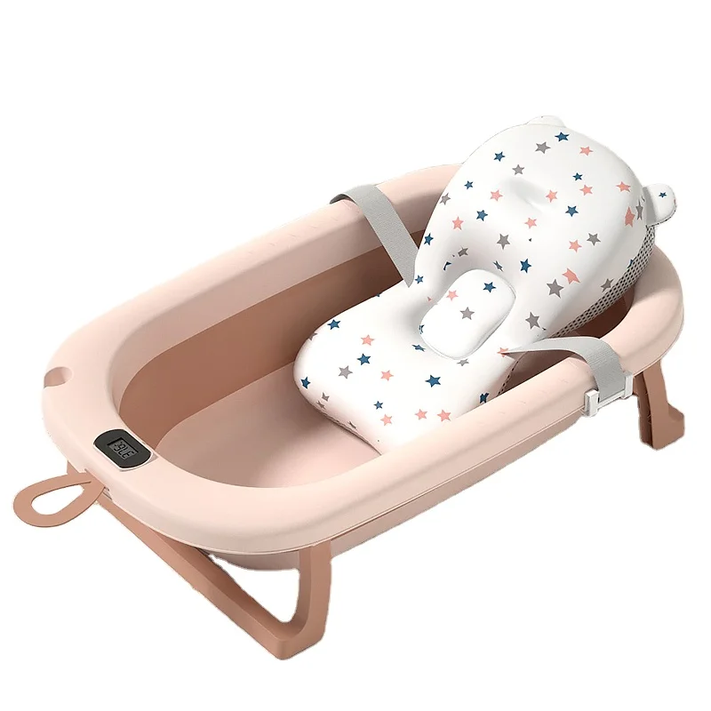 Unique eco friendly non toxic  soft  silicon stand plastic temperature sensor pink girl baby foldable bathtub set