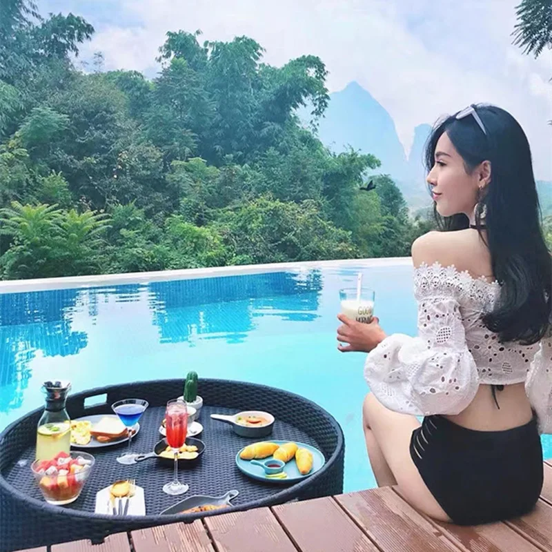 villa heart shape swimming pool floating breakfast tray New design hotel beach Swimming pool water rattan floating tray