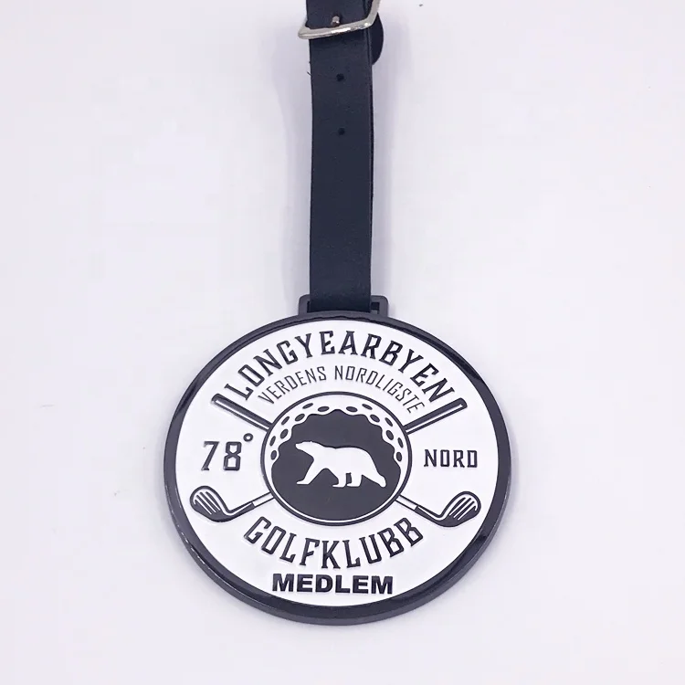 Custom luggage round metal brand leather buckle black golf tag bag name tags