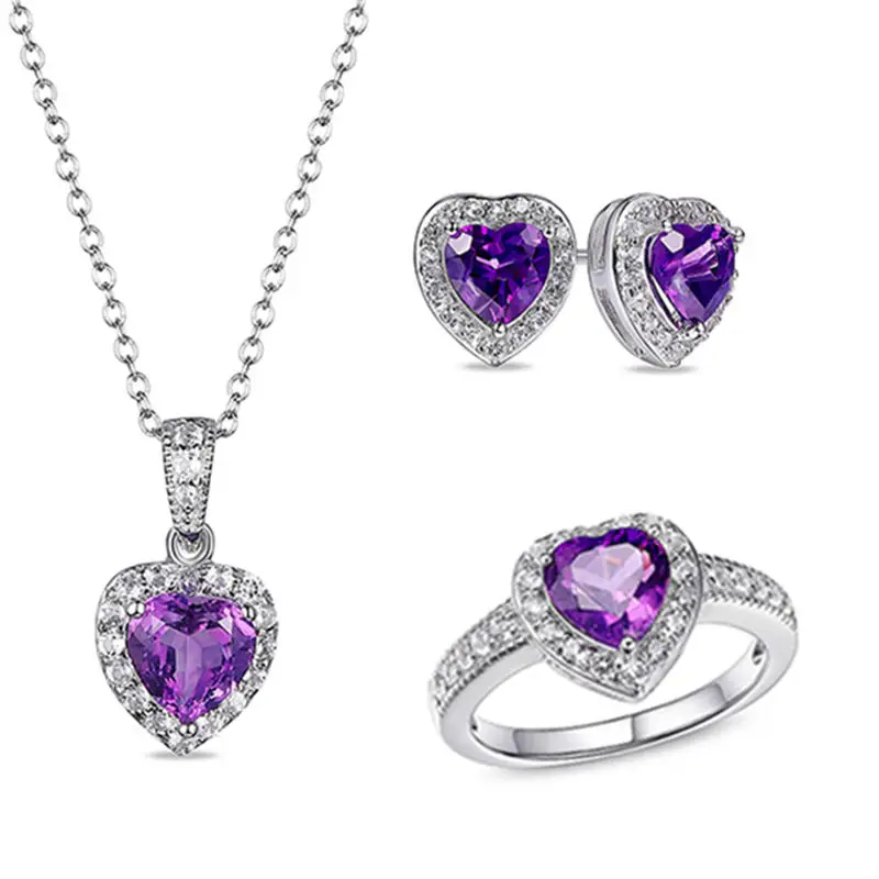 925 Sterling Silver Gemstone and White Sapphire Halo Heart Pendant Necklace Stud Earrings and Ring Set
