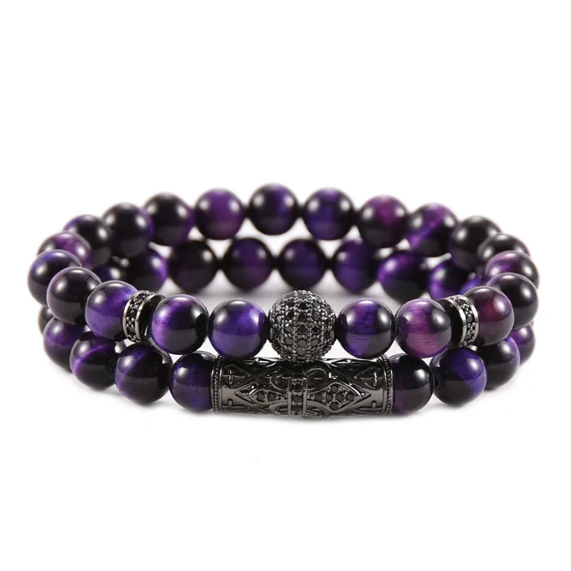 European Handmade Luxury 2Pcs/Set Elastic 10mm Micro Pave CZ Ball Natural Purple Tiger Eye Stone Beaded Bracelet Set
