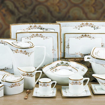 Hot Sale Arab Pakistan Household Gold Rim Bone China Square Luxury Tableware 68 Pcs Dinnerware Sets For Table