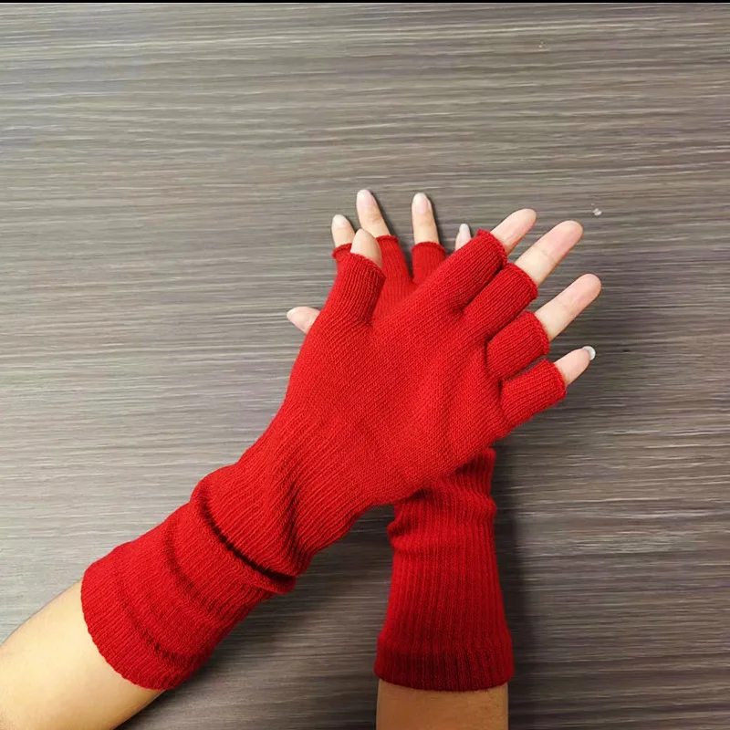 FF3177 Women Winter Knit Wrist Arm Warmers Warm Half Finger Gloves Mittens Long Knitted Winter Fingerless Gloves