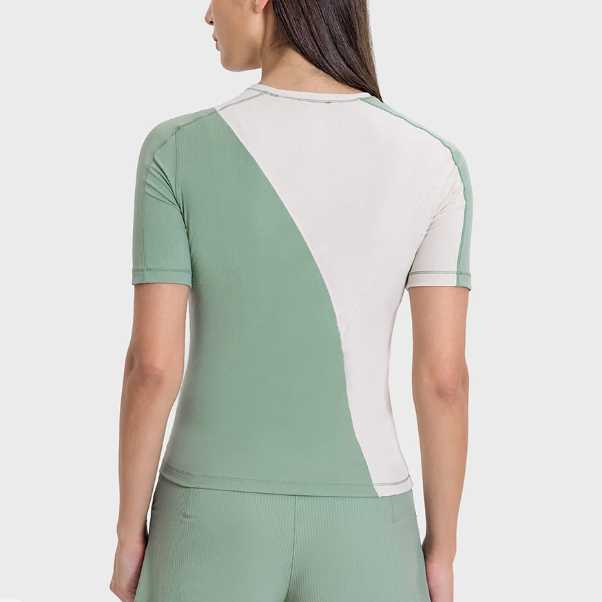 Sports T-shirt With Colour Blocking Slim Fit Gym Fitness Short Sleeve Tee With Asymmetrical Design Stretch Running TrainingTops