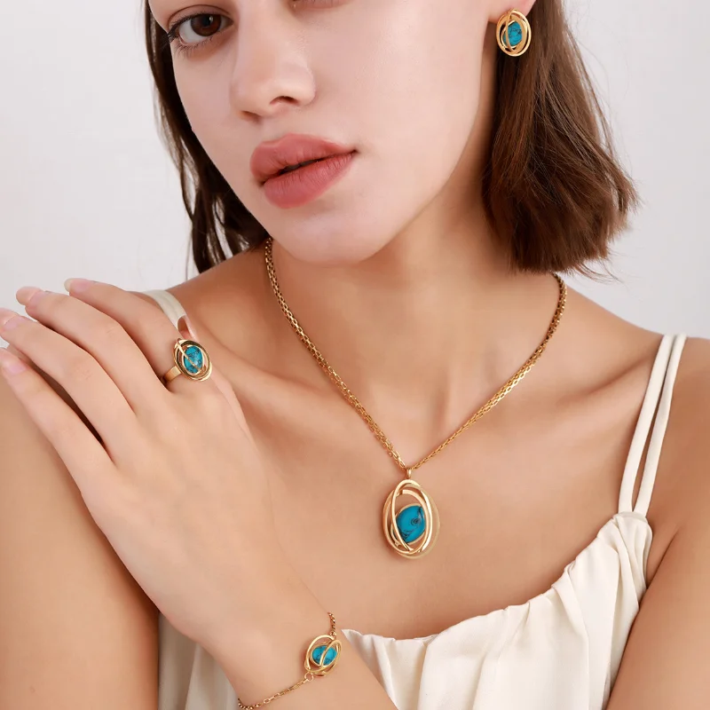 4 Pcs Necklace Female Niche Fashion Hollow Round Pendant Bracelet Earrings Ring Trendy Ornament Blue Turquoise Globe Jewelry Set