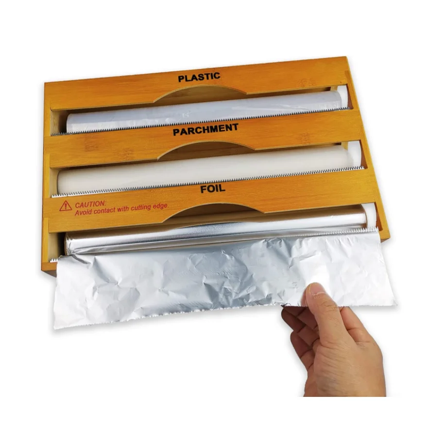 Wrap Dispenser Cutter and Label Plastic Wrap Aluminum Foil and Wax Paper Dispenser Kitchen Drawer Bamboo Roll Organizer