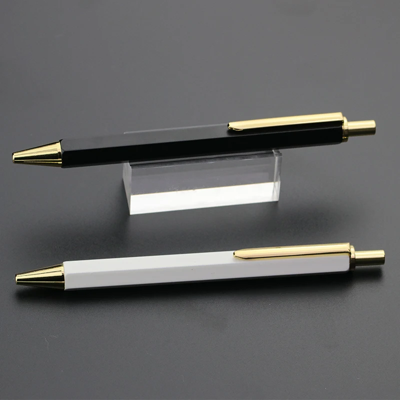 Custom logo projector hexagonal click metal ball pen wholesale products office advertising logo pen with gold trims