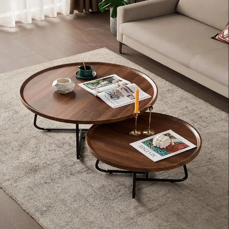 Chinese Wood Metal Living Room Modern Design Wooden Furniture Small Coffee Round Tea Table Set