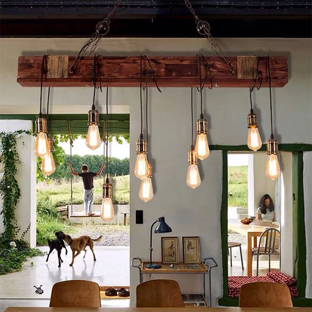 
Reclaimed Wood Rustic Chandelier Decoration Industrial Edison Bulbs pendant kitchen light 