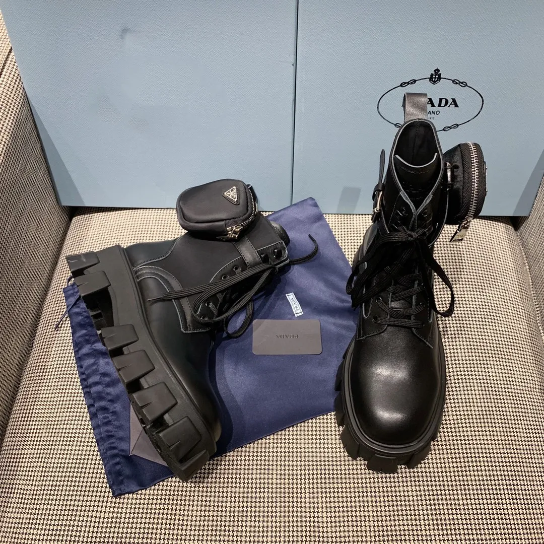 women shoes leather anti-skid zipper-up black martin boots platform black high heel shoes pocket wallet hiking boots