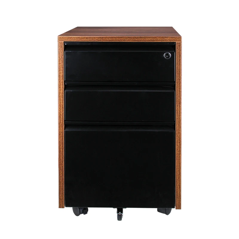 Оптовая цена черные металлические деревянные шкафы для хранения с колесами 3 ящика мобильный шкаф офиса