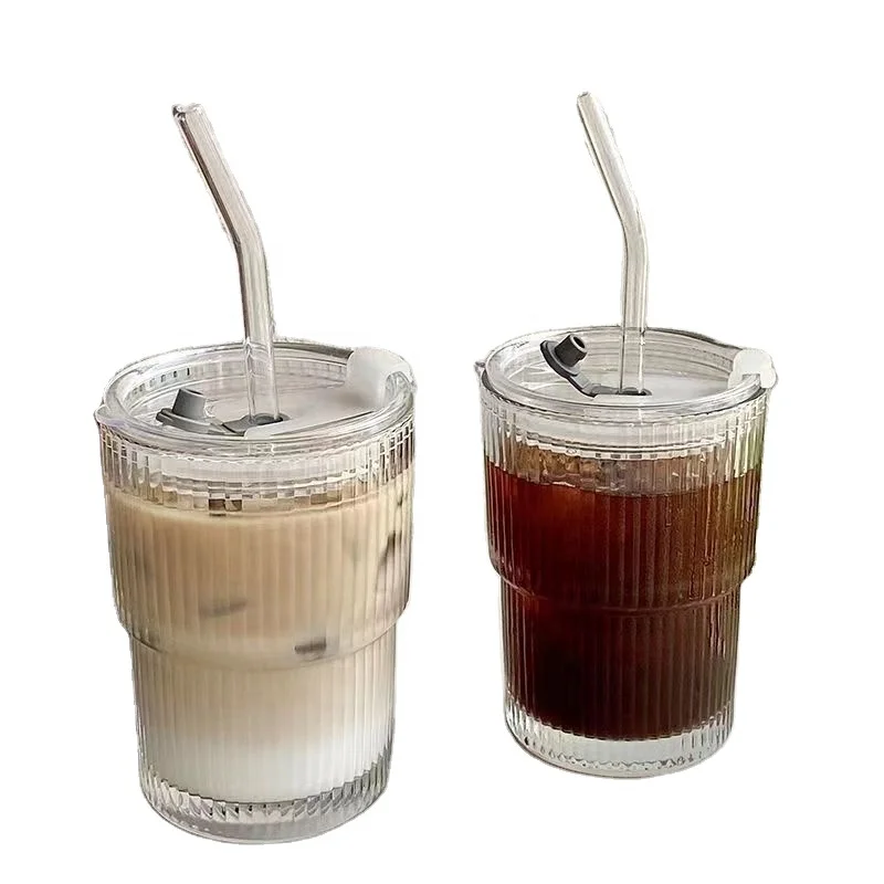 Simple Vertical Striped Glass With Lid Straw Cup High-Value Milk Coffee Cup Drink Cup