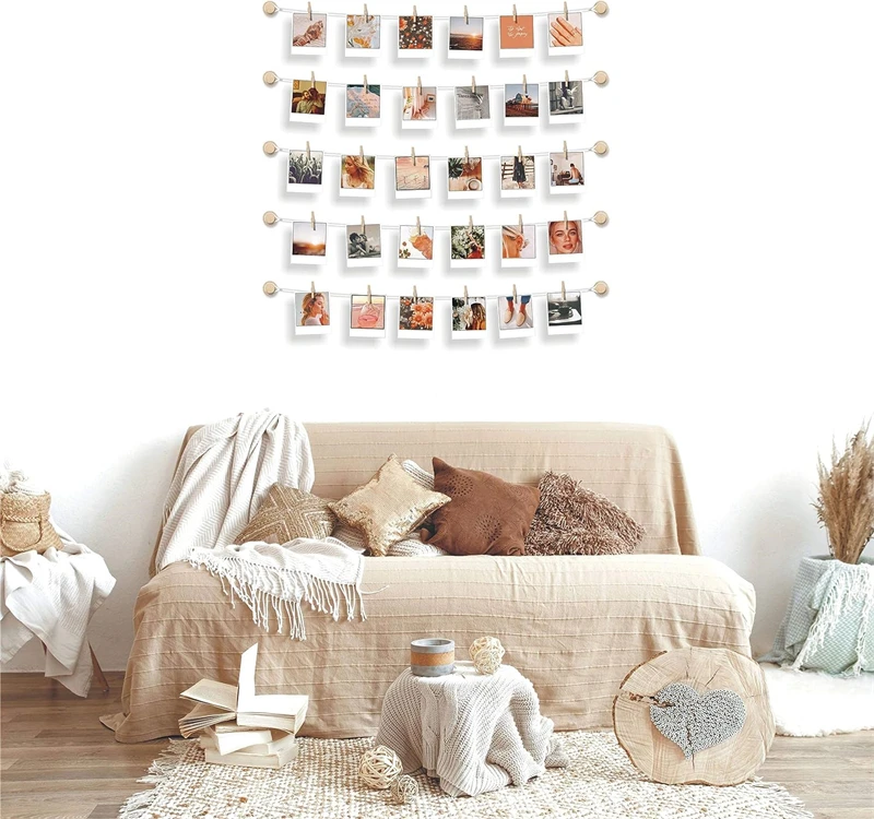 Strings with 30 Clips Self Adhesive Hooks Hanging Photo Display Room Wall Decor Sculptural Picture Frames Collage