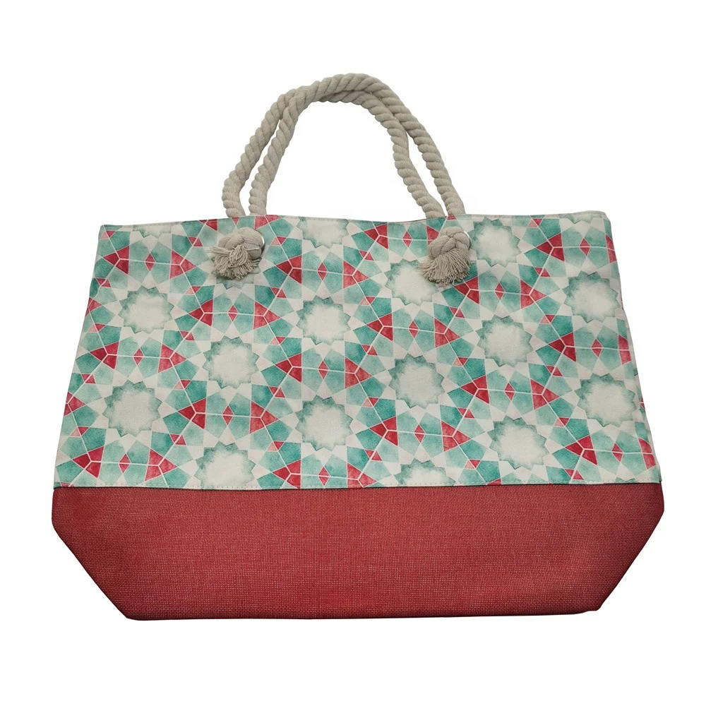 2022 Niyang factory digital custom design printing linen cotton rope handle large travel summer women beach bag