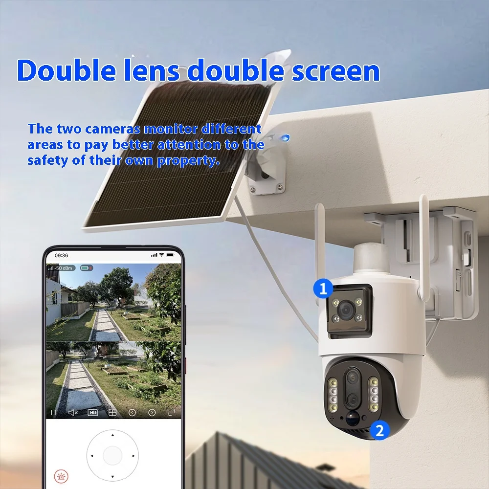BP5 ZOOM V380 Solar Powered PTZ Wifi Camera 4G Three-Eye Dual-Screen HD Night Vision NVR Data 4MP Alarm Outdoor Camera
