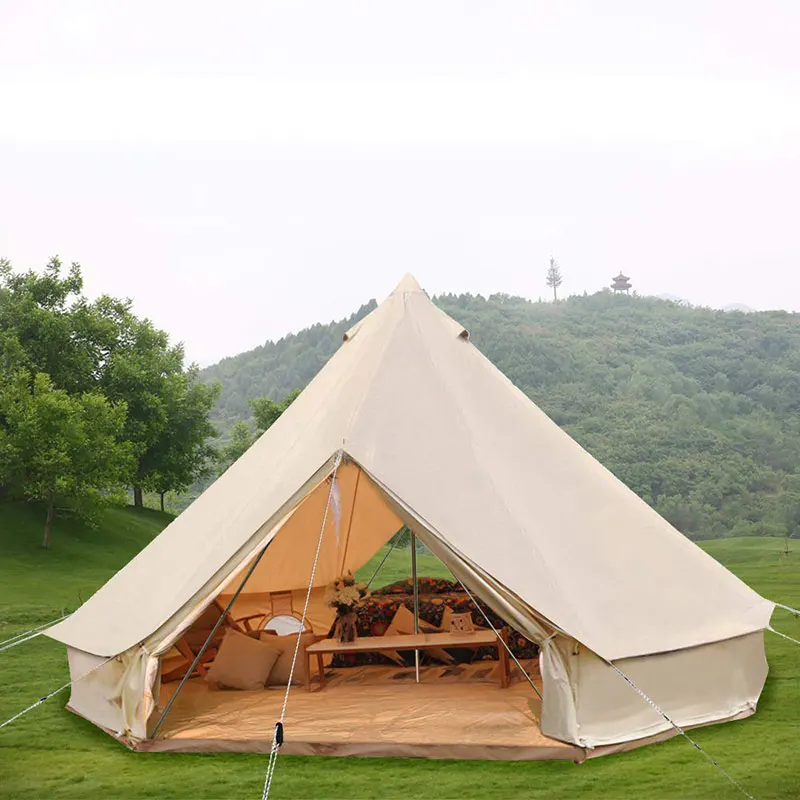 All season large glamping hotel beige cotton canvas event resort bell tent with stove