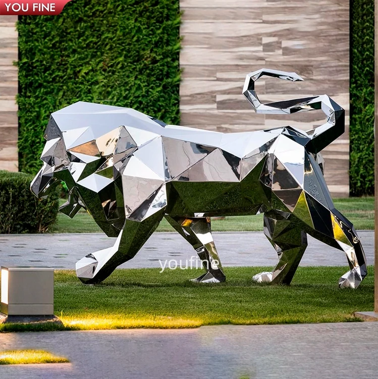 Custom Large Modern Metal Animals Stainless Steel Geometry Lion Sculpture