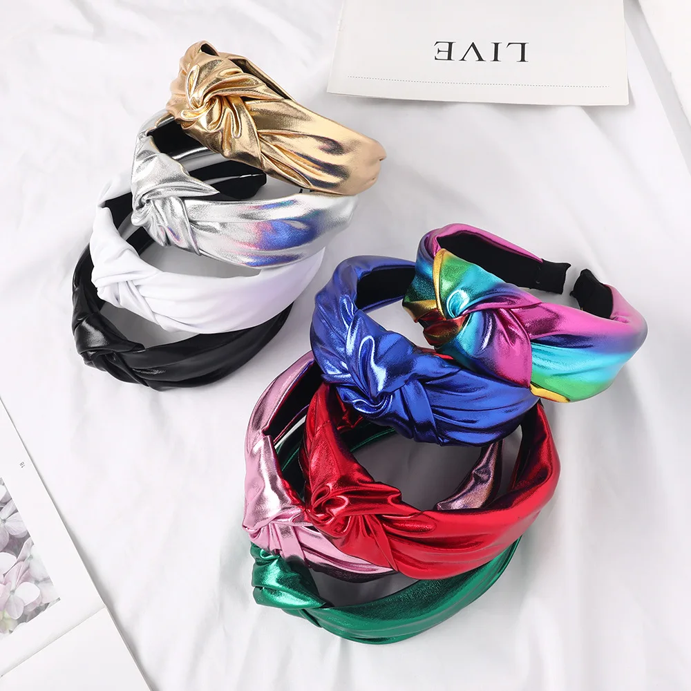 Fashion Rainbow Color Classic Retro PU Knot Headband For Women Leather Hairband Hair Hoop Hair Accessories