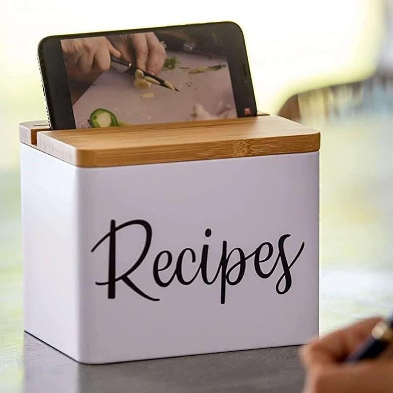Metal Recipe Box With Cards and Dividers - White Metal Body, Wooden Lid with Phone Holder and Recipe Card Holder