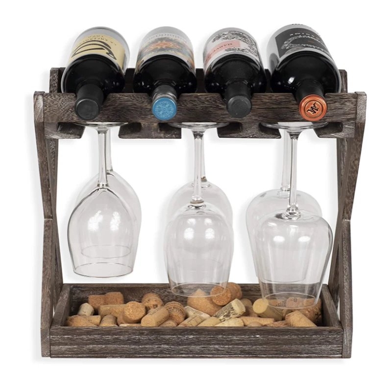 Rustic 6 Glass Display Rack Bottled Wooden Wine Racks With Storage Tray Table Top 4 Bottle Holder Free Standing Floor