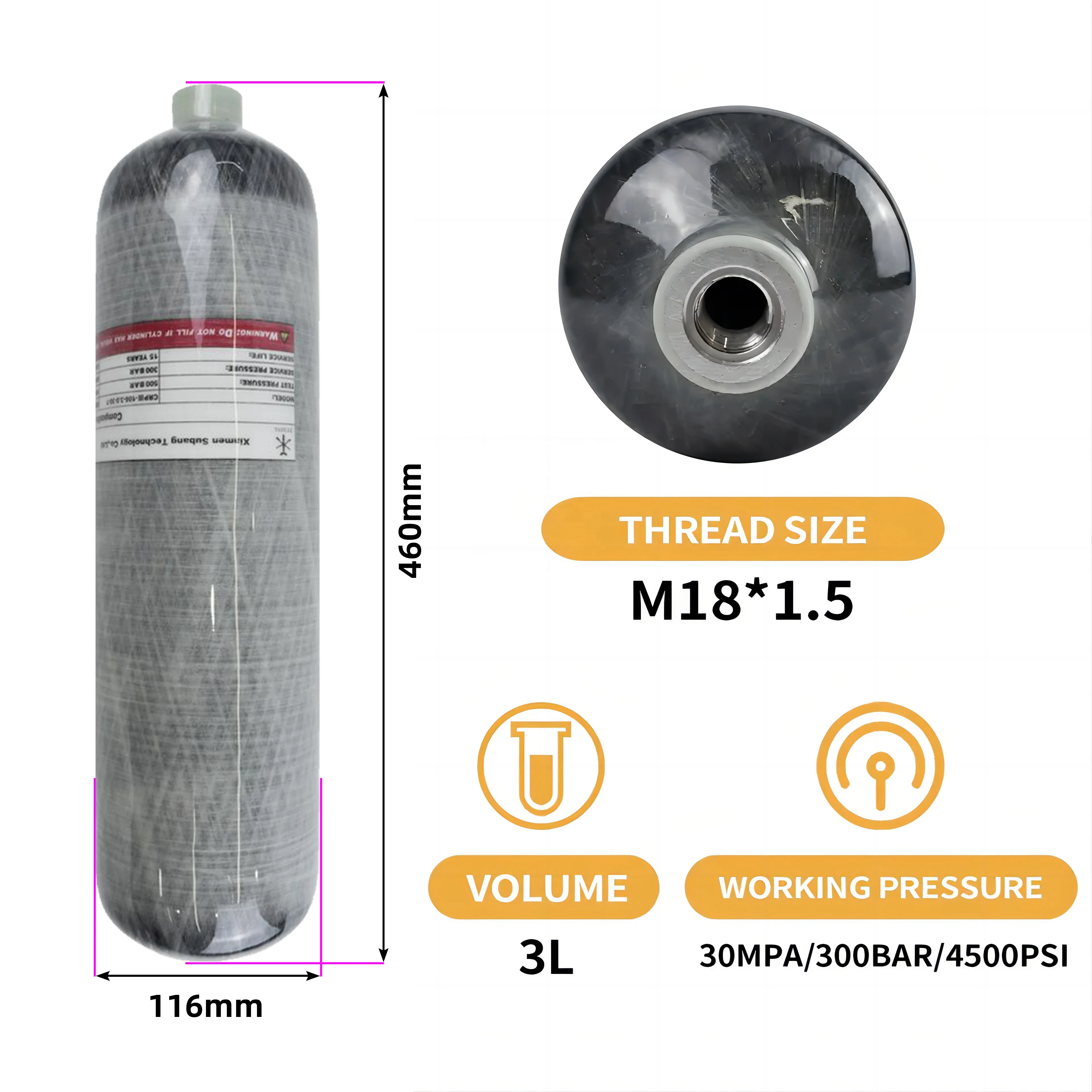 TUXING High Quality ODM Hpa 3L 4500psi 30mpa 300bar Outdoor Hunting Scuba Diving PCP Wrapped Composite Carbon Fiber Gas Cylinder