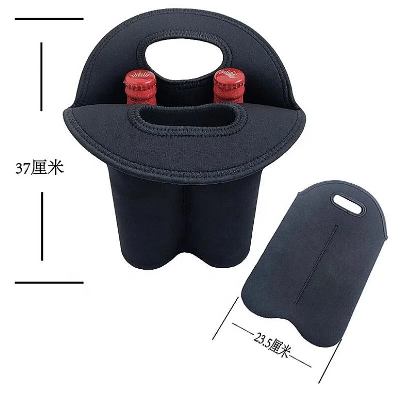 Single Two Bottle Insulated Neoprene Wine Water Bottle Holder Wine Carrier Tote Bag for Travel with Secure Carry Handle