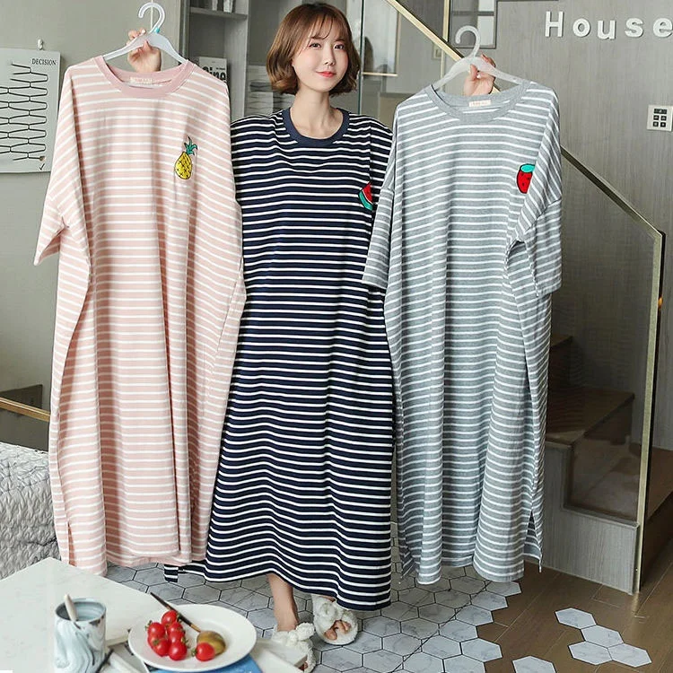 Wholesale Fashion Sleep Wear Pyjama Dress Pjs Stripe Piyama Wanita Murah Baju Daster Cute Pajama Hot Night Dress Gown For Women