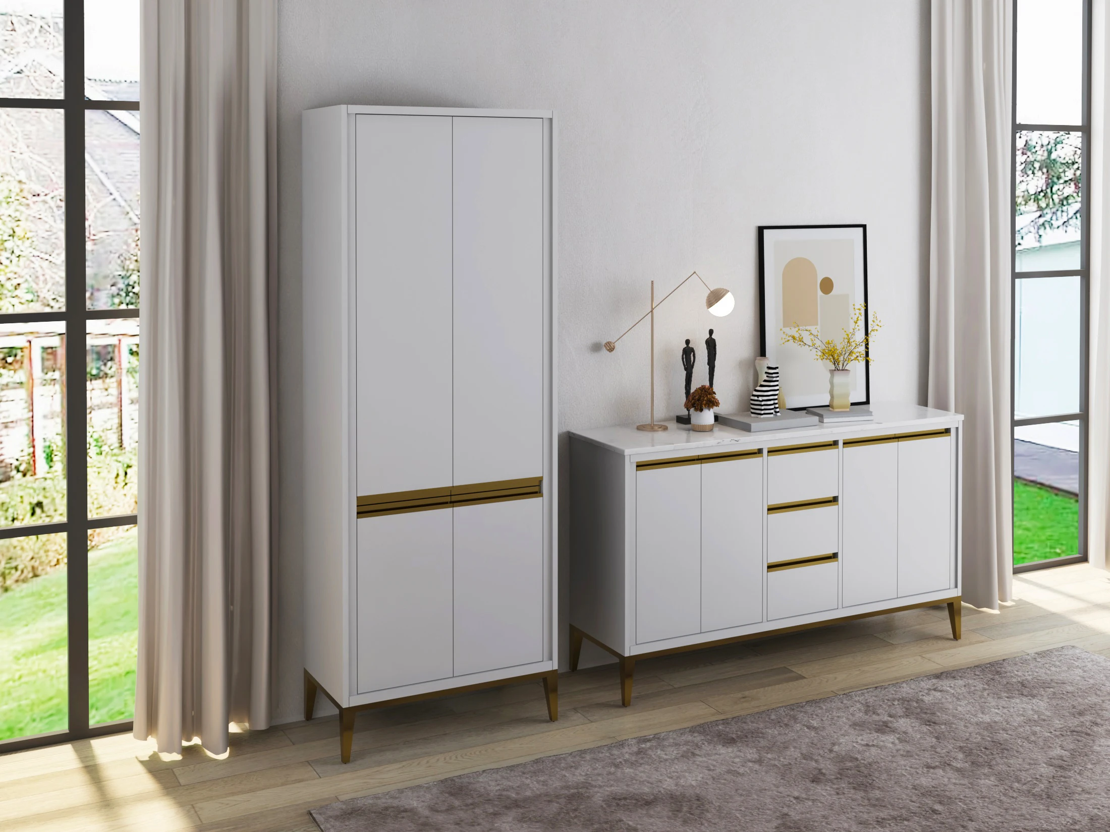 
living room modern wooden storage side cabinet with 2 door 5 drawer ,simple style gray washed wood tall cabinet 