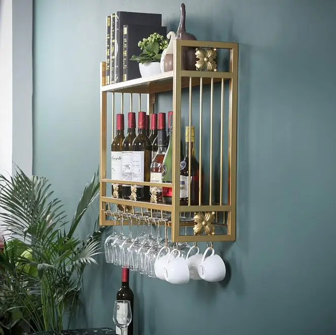 
Gold wine storage and display rack metal Wall Mounted Wine Glass & Bottle Rack 