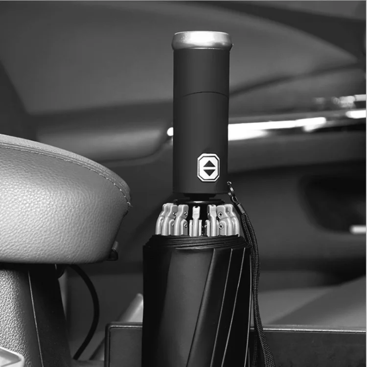 Three fold button innovative solar umbrella with reflective strip to automatic open and close LED light reverse rain umbrella