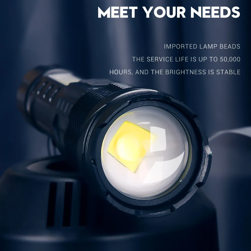 A76 20000 Lumen High Power Flashlight Side LED Red Light Work Lights Zoom Zoom Focus Rechargeable Hand Torch with Power Display