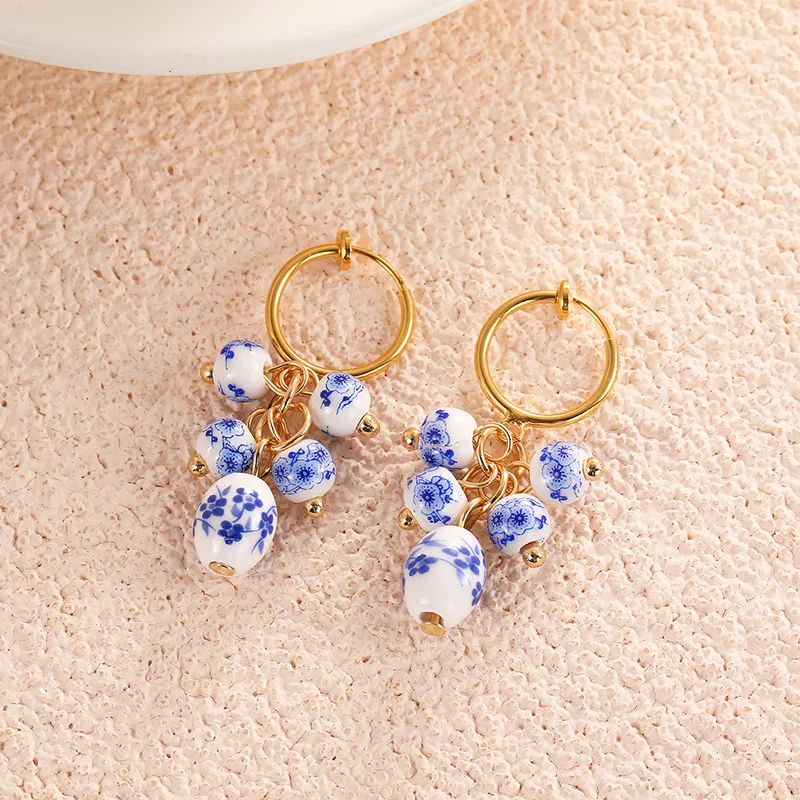 DAIHE Fashionable And Unique Irregular Blue And White Porcelain Stainless Steel China Earrings For Women