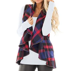 Wholesale Fashion Women Outwear Waterfall Asymmetrical Hem buffalo Long Plaid Vest Coat