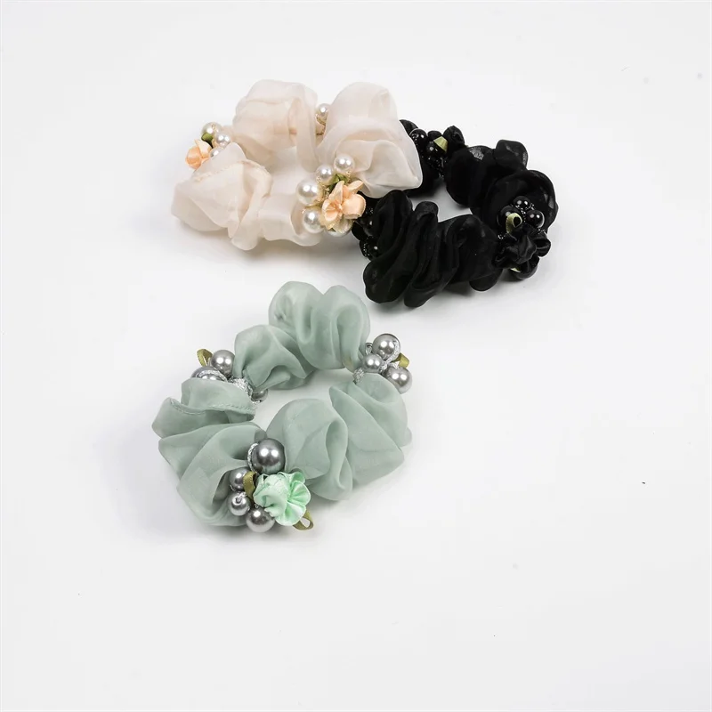 Handmade Crochet Candy White Full Crystal Pearls Ponytail Scrunchies Ties Elastic Rubber Hair Accessories Women Pearl Hair Bands