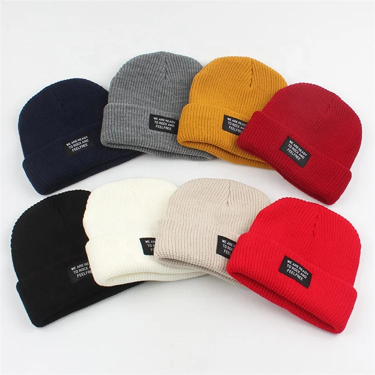 Popular Beanie Hat Comfortable Winter Beanie Woven Label Acrylic Knitting Pattern Cap