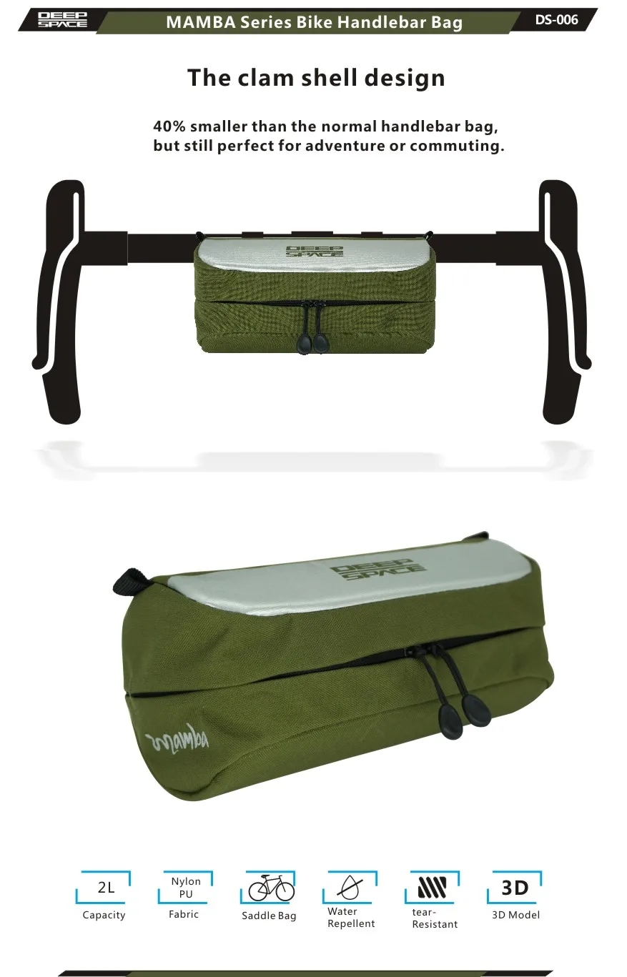 DEEPSPACE Mamba Series Mini Bicycle Barrel Bar Bag Cycling Front pack Gravel Bike Handlebar Bag with 180 Degree Zipper Opening