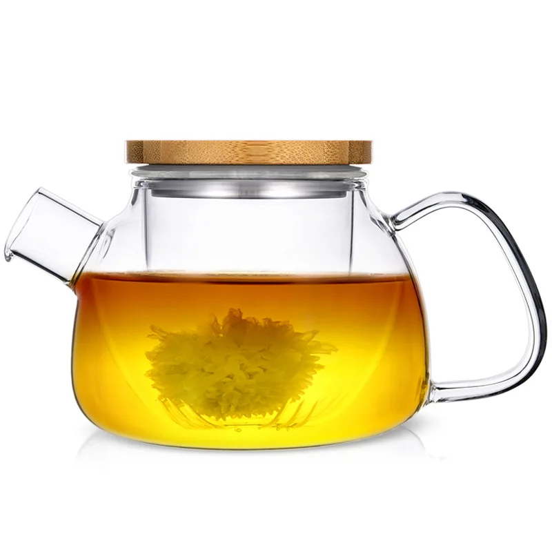 34oz 1000ml Bamboo Lid Glass Kettle Teapot with Removable Clear Tea Infusers for Loose Blooming Flower Tea