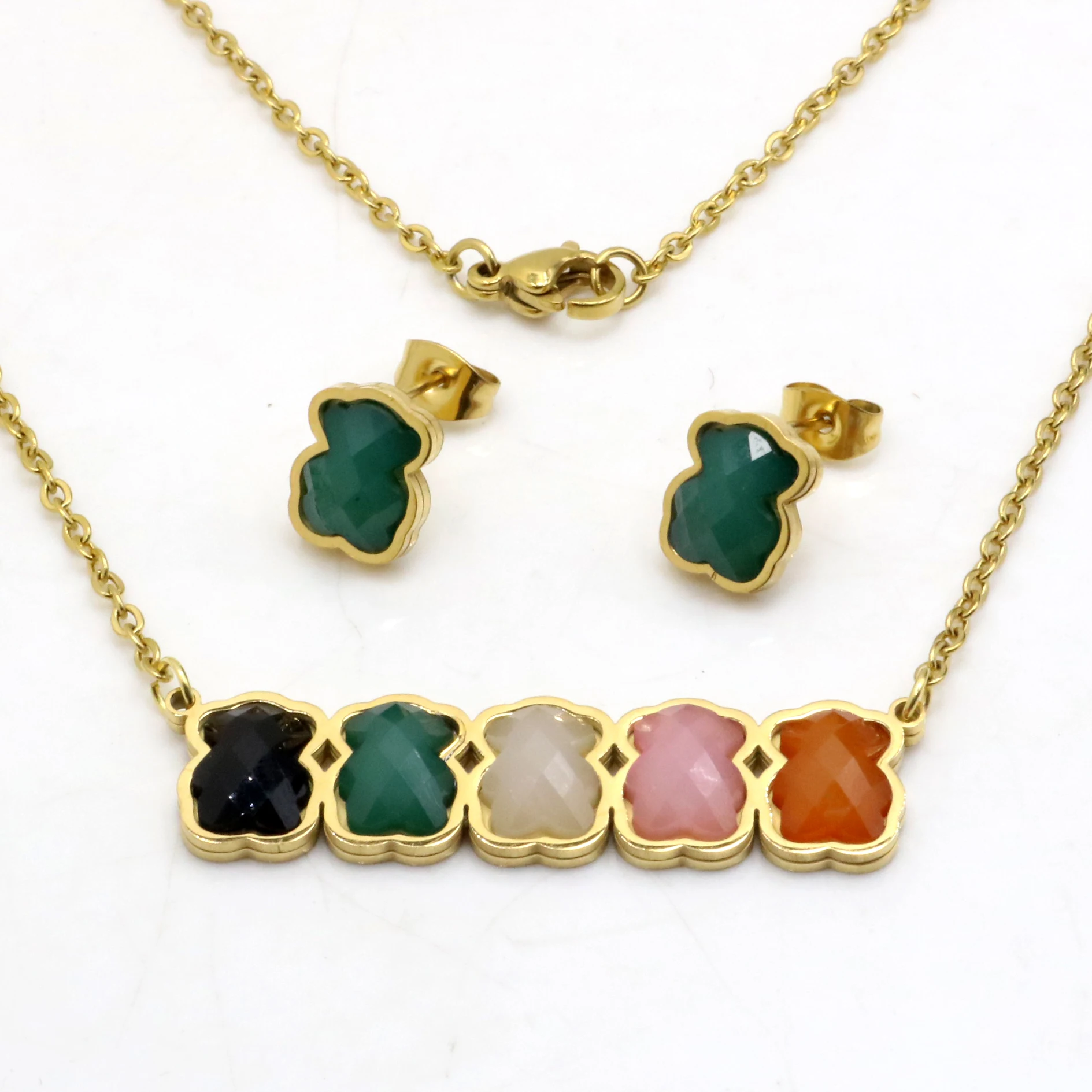 
AFXSION High Quality Titanium Steel Jewelry Color Crystal Bear Pendant Necklace and Earring Gold Jewelry Set 