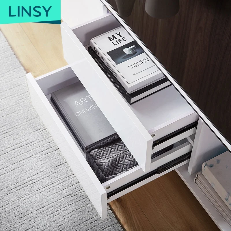 Linsy Simple Design Tv Cabenits Storage Drawers Tempered Glass Sideboards Tea Tale White Tv Stand And Coffee Table Set BI1M