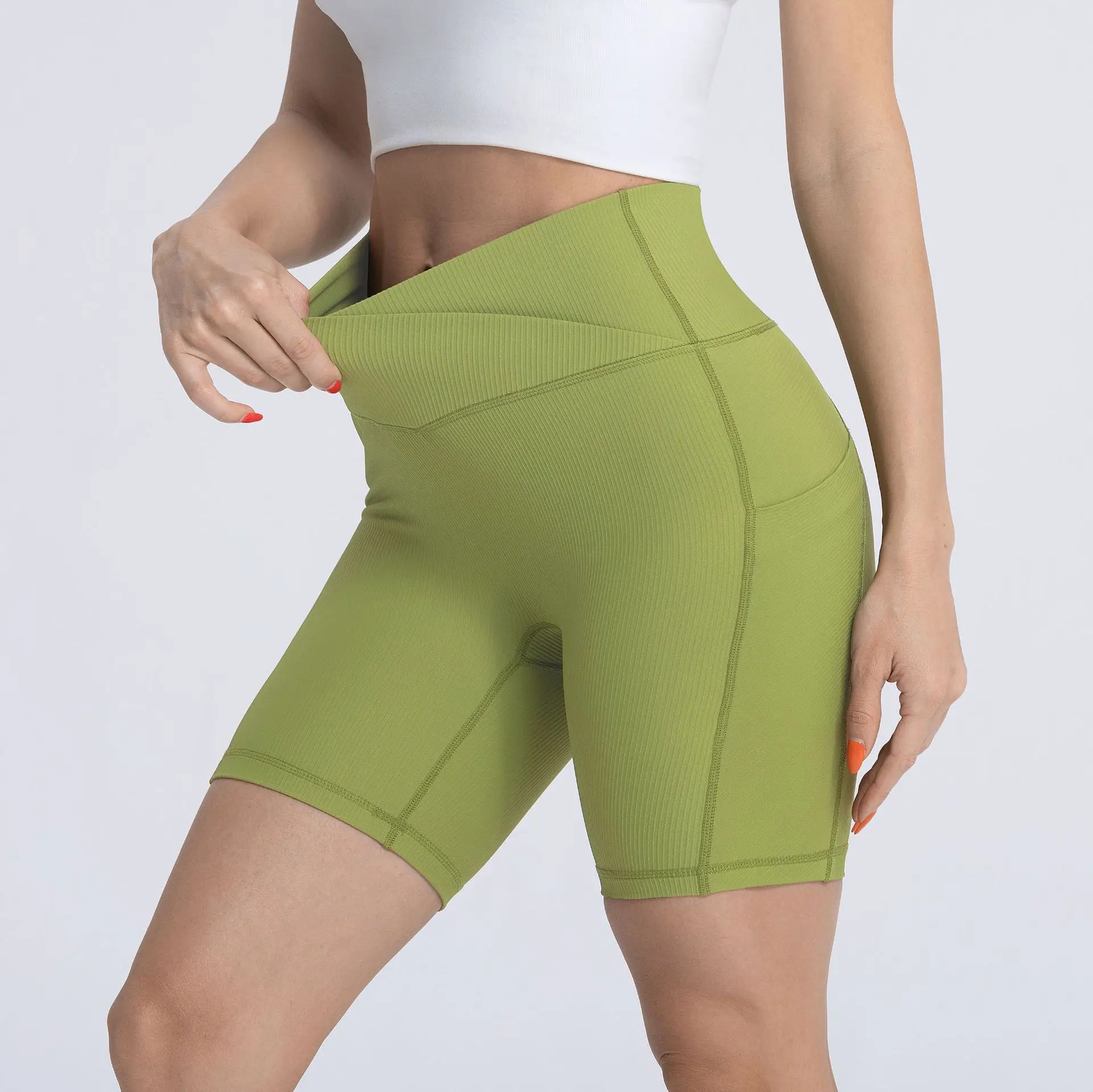 2024 Summer Women High Waist Cross Type Compression Quick Dry Training Shorts with Phone Pockets Gym Fitness Yoga Shorts