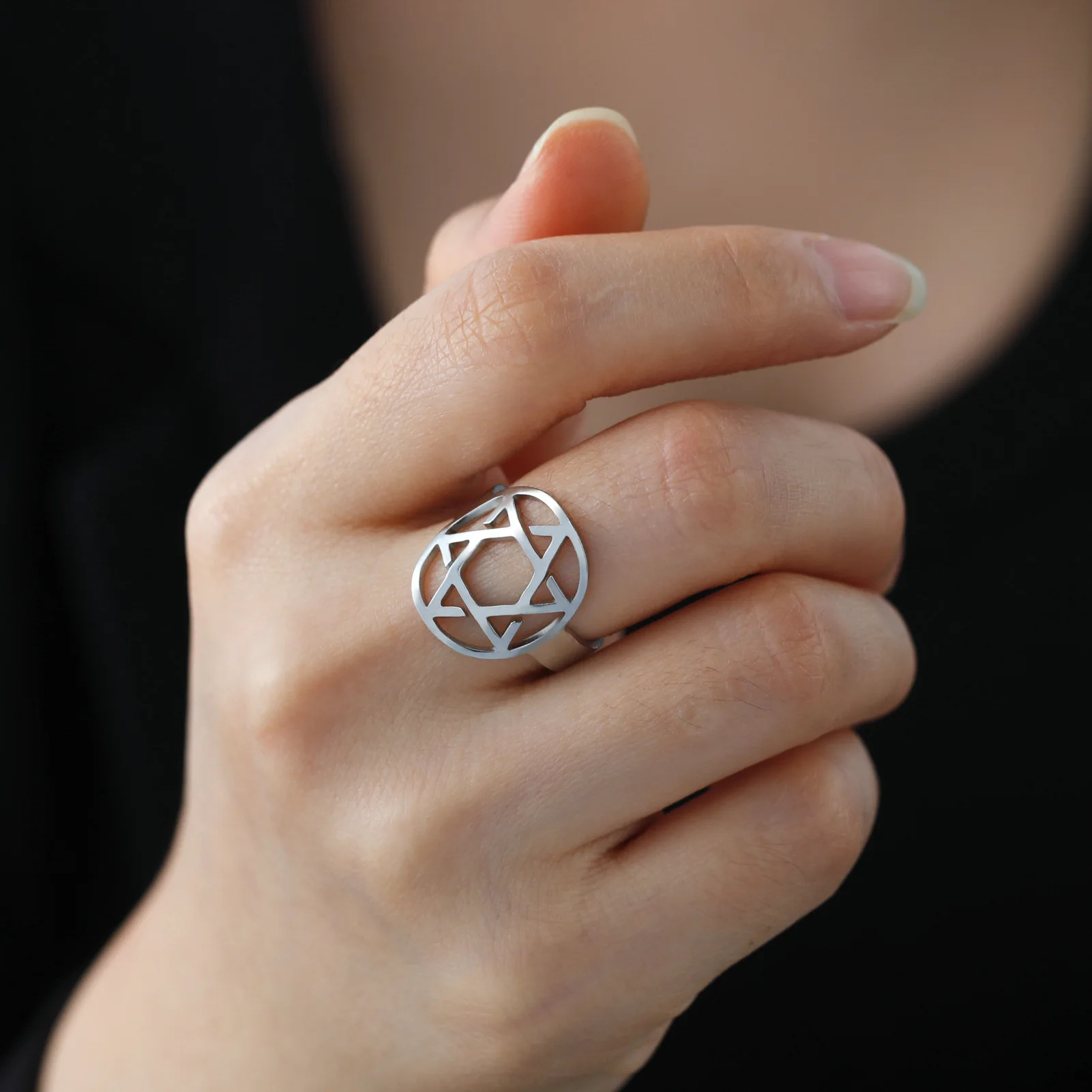Religious Vintage Amulet Lucky Jewelry Stainless Steel 18k Gold Plated Hollow Hexagram Jewish Star Of David Opening Ring