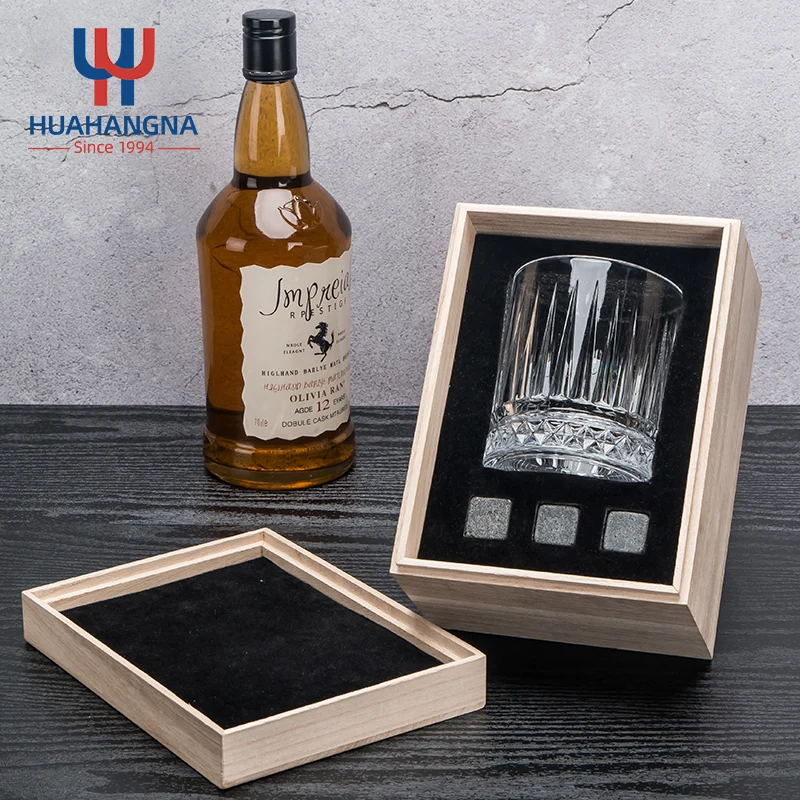 Customized Logo Granite Cilling Whisky Stones and Whiskey Glass Gift Set with Wooden Box for Tequlia Scotch Bourbon Lover